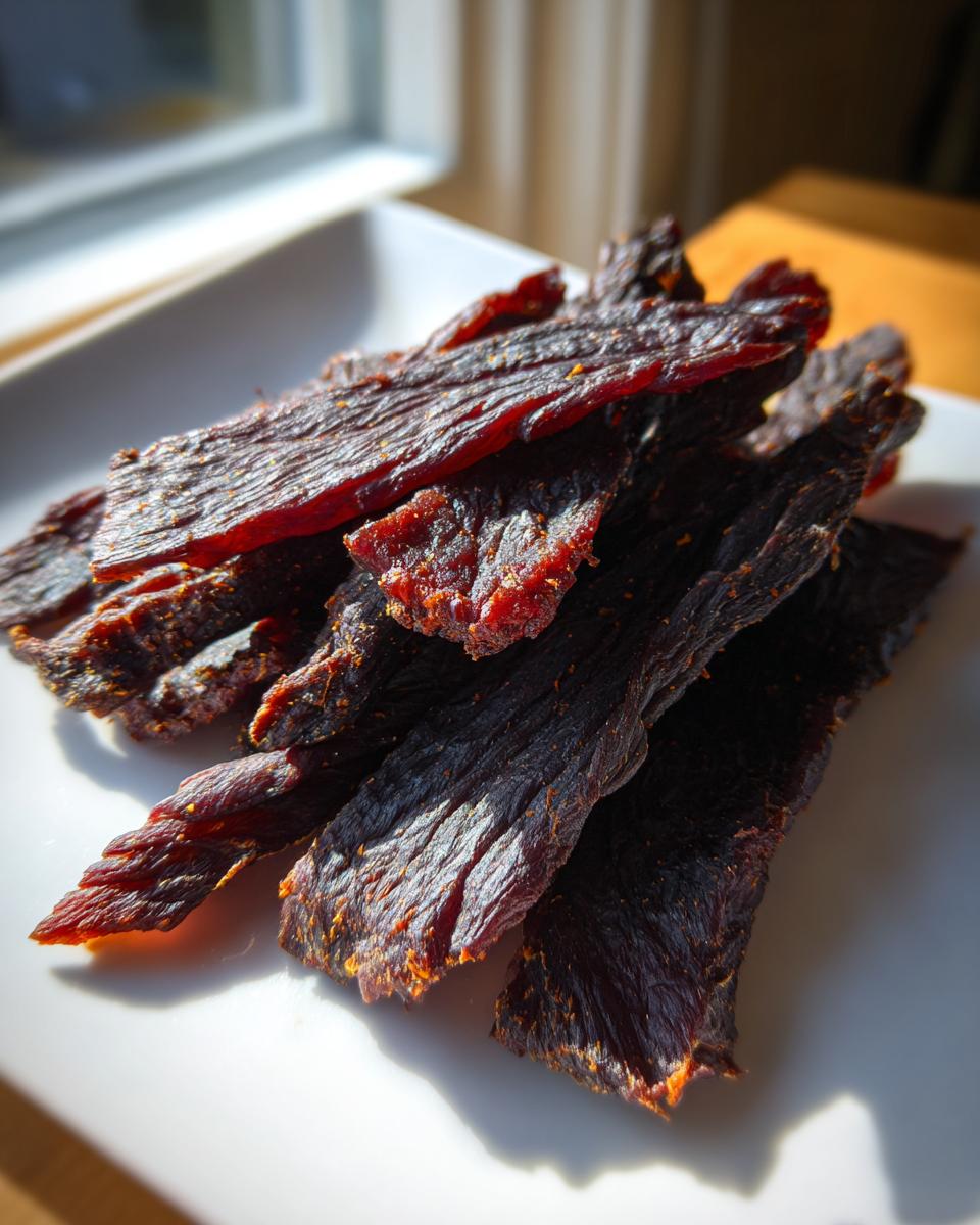 Close-up of dark, seasoned strips of homemade venison jerky piled on a white plate, catching bright sunlight.