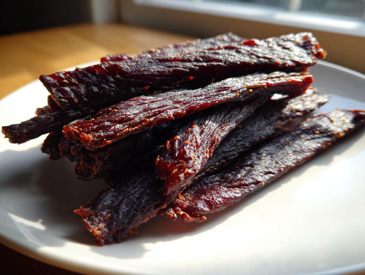 A close-up stack of richly colored, seasoned venison jerky strips resting on a white plate.