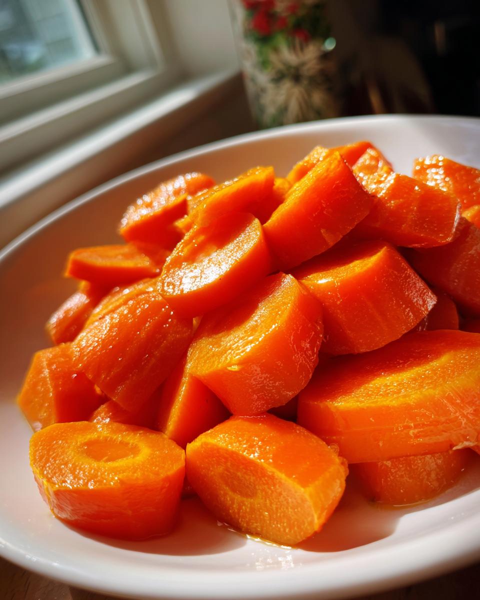 Close-up of vibrant, glossy glazed carrots cut into thick rounds and chunks served in a white bowl.