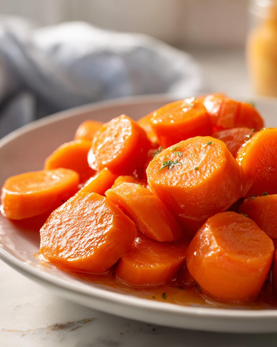 A close-up shot of vibrant, orange glazed carrots, sliced thickly and glistening in a sweet sauce, garnished with herbs.