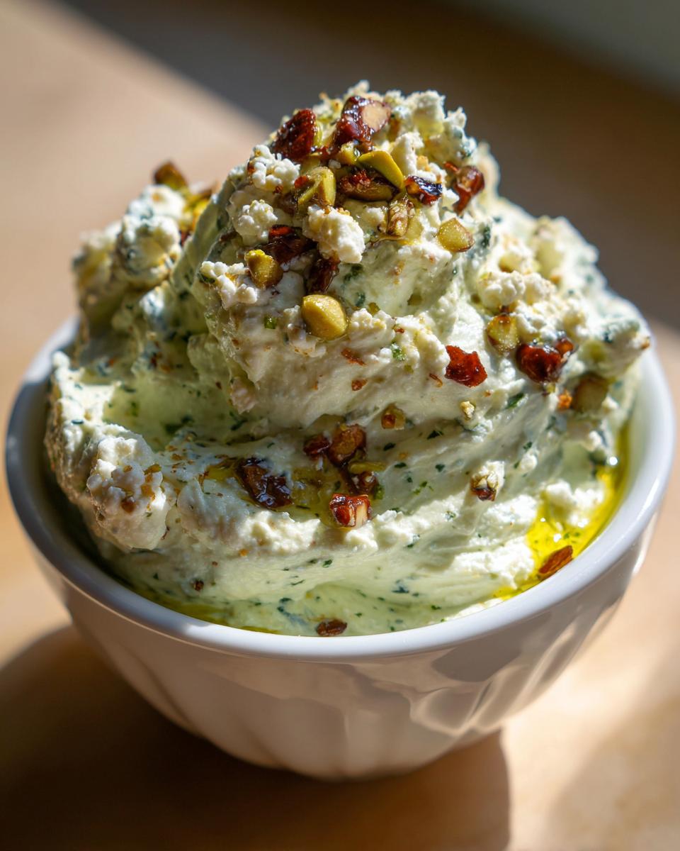 Close-up of creamy, light green dirty martini dip topped with feta, chopped pistachios, and sun-dried tomatoes.