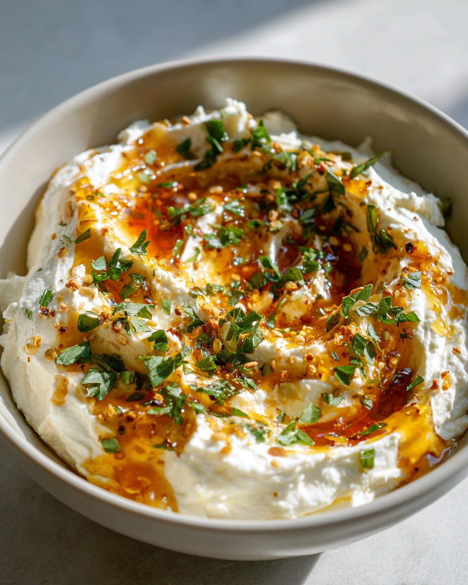 Close-up of creamy whipped ricotta dip drizzled with chili oil and sprinkled with fresh parsley and spices.