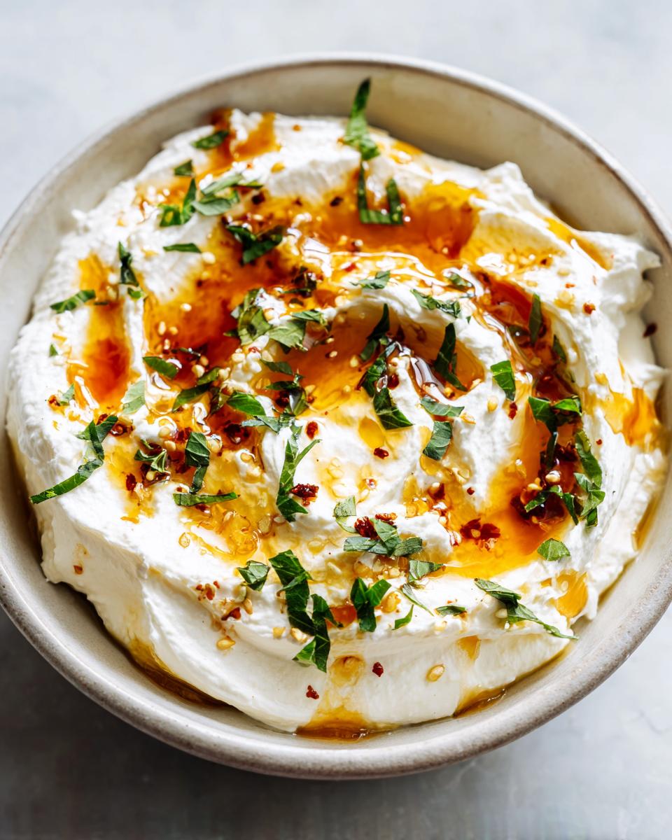 Close-up of creamy whipped ricotta dip drizzled with golden honey, chili flakes, and fresh green herbs.