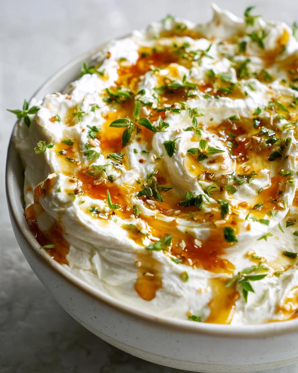 Close-up of creamy whipped ricotta dip drizzled with golden honey and fresh thyme.