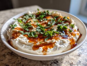 A white bowl filled with fluffy whipped ricotta dip, drizzled with amber honey and topped with fresh mint.
