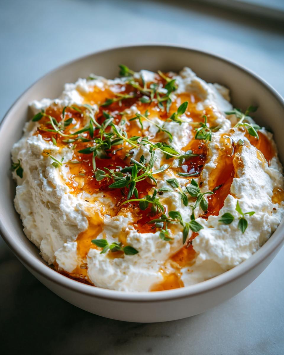 A bowl of creamy whipped ricotta dip drizzled with amber honey and garnished with fresh thyme sprigs.