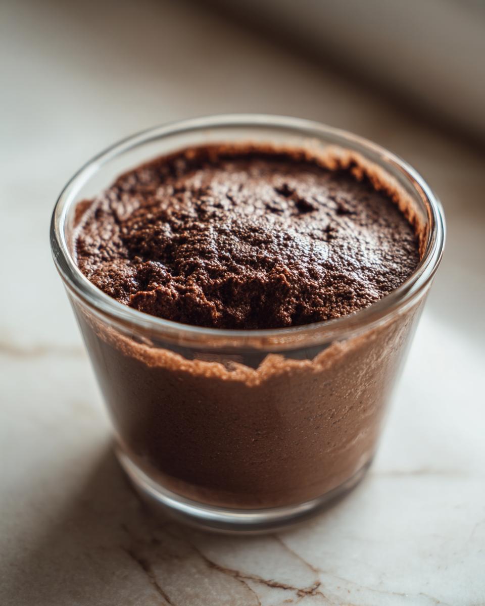 Close-up of rich, dark chocolate mousse served in a small clear glass, showing a slightly textured top.