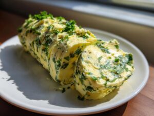 A log of homemade garlic butter, studded with green herbs, sliced on a white plate.