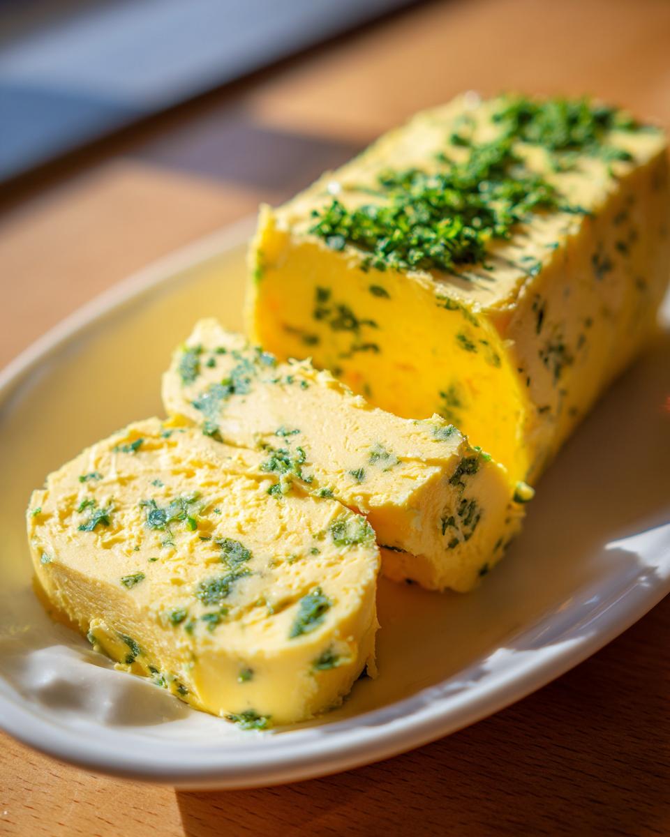 A log of bright yellow homemade garlic butter mixed with chopped green herbs, sliced on a white plate.