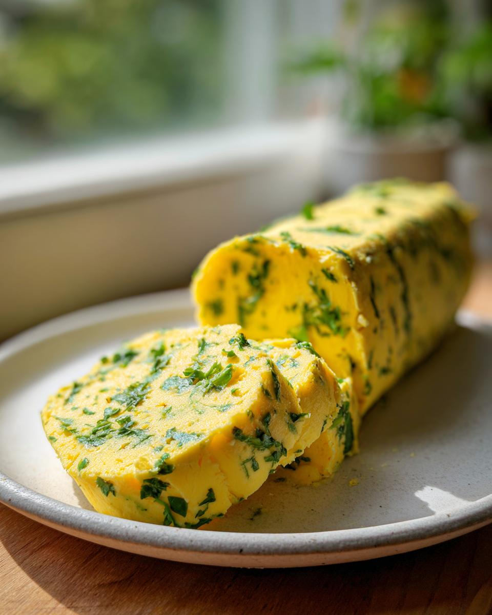 A log of bright yellow homemade garlic butter mixed with chopped green herbs, sliced on a plate.