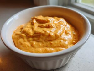 Close-up of thick, vibrant orange nacho cheese sauce served in a small white ribbed bowl.