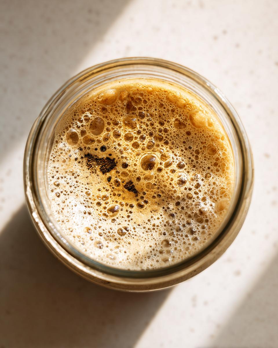 Overhead view of an active sourdough starter in a glass jar showing many small, active bubbles.