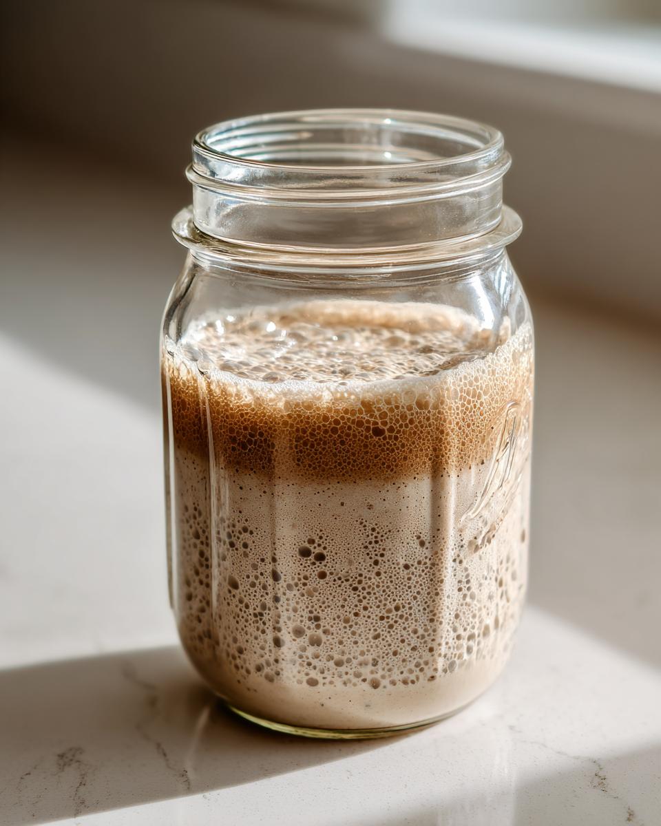 A highly active sourdough starter, showing significant bubbling and separation, inside a clear glass mason jar.