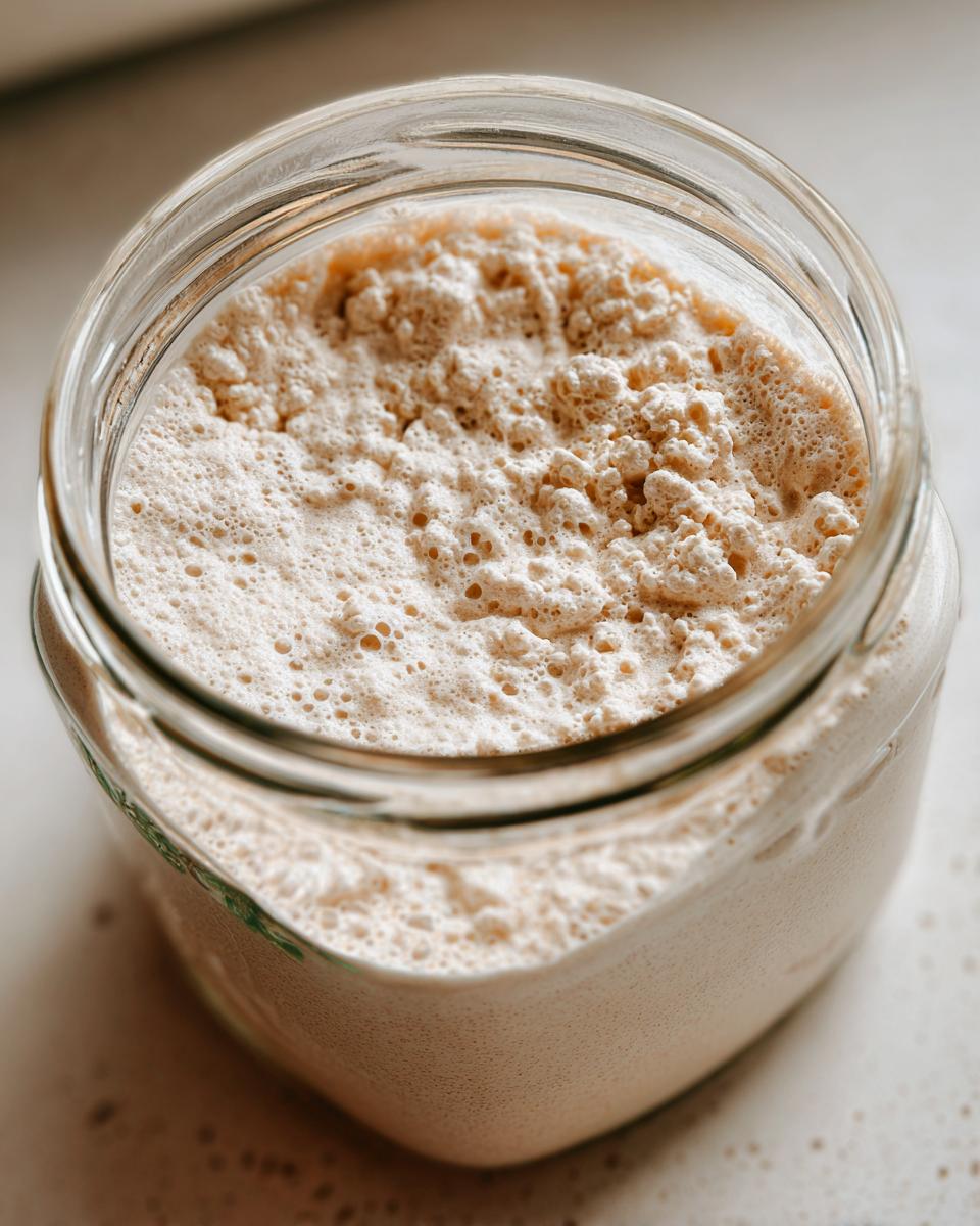 Close-up overhead view of an active sourdough starter in a glass jar, showing significant bubbling and foam.