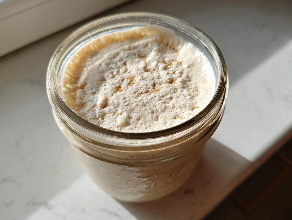 Overhead view of a very active sourdough starter, showing a thick layer of foam and bubbles inside a glass jar.