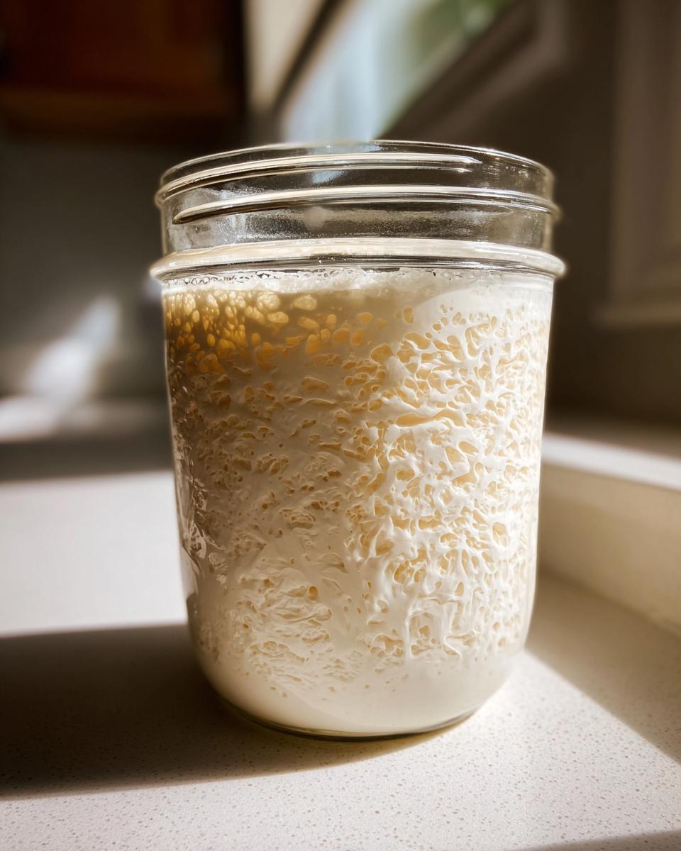 A close-up of a very active sourdough starter inside a glass jar, showing significant bubbling and web-like structure.