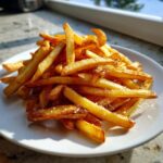 A close-up of a pile of perfectly golden air fryer french fries sprinkled with coarse sea salt on a white plate.