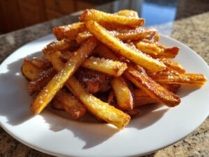 A mound of golden, crispy air fryer french fries sprinkled generously with coarse sea salt on a white plate.
