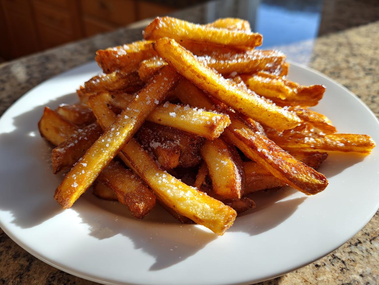 A mound of golden, crispy air fryer french fries sprinkled generously with coarse sea salt on a white plate.