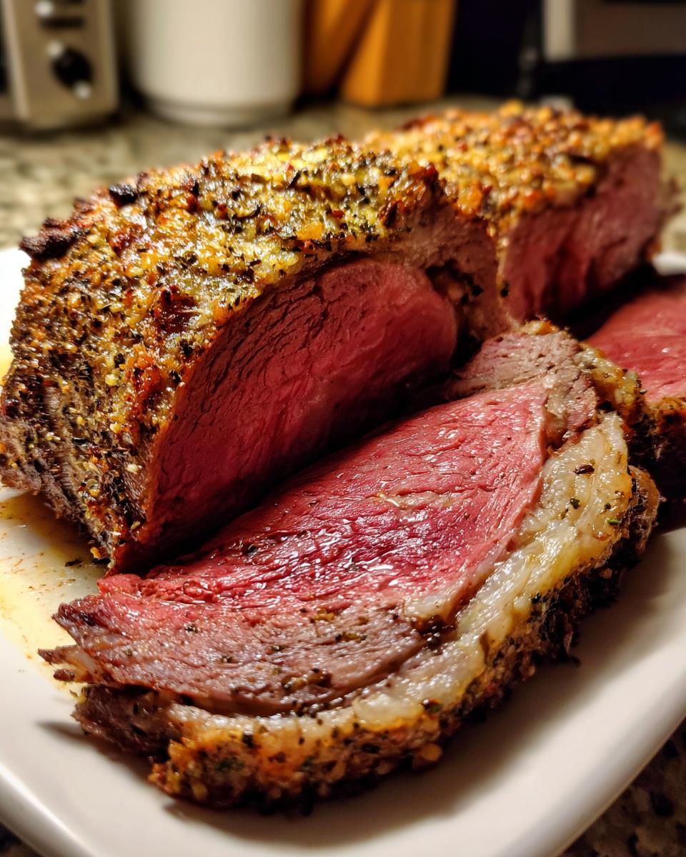 Close-up of a perfectly cooked, medium-rare rib roast with a thick, seasoned crust, sliced on a white plate.