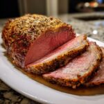 Close-up of a perfectly medium-rare rib roast, sliced and resting in its juices on a white platter.