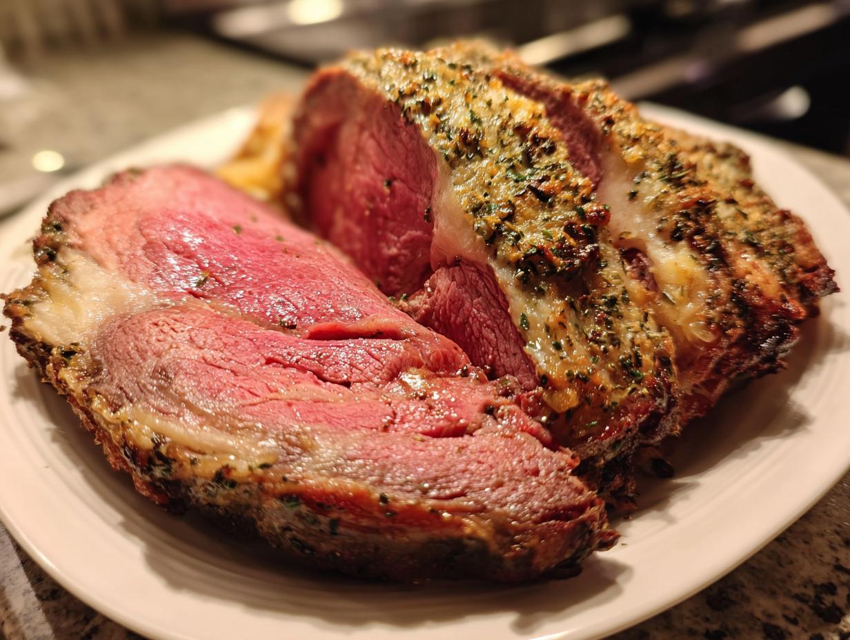 Close-up of a perfectly cooked, medium-rare rib roast, sliced to show the pink interior and herb crust.
