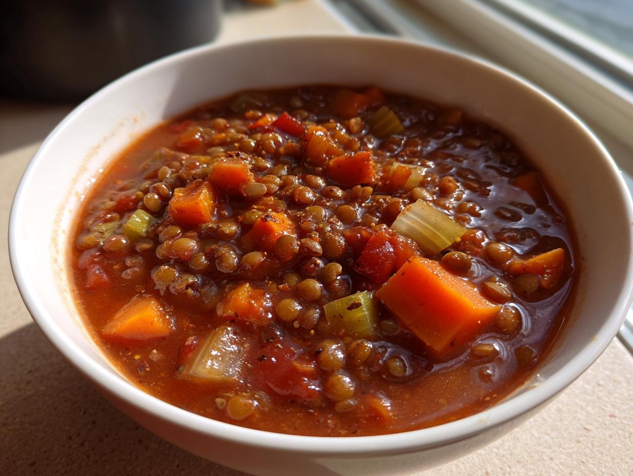 Close-up of a white bowl filled with rich, hearty lentil soup featuring brown lentils, diced carrots, and celery.