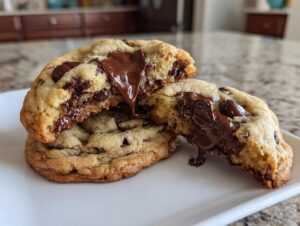 Two halves of a warm chocolate chip cookie showing gooey, melted chocolate chips oozing out.