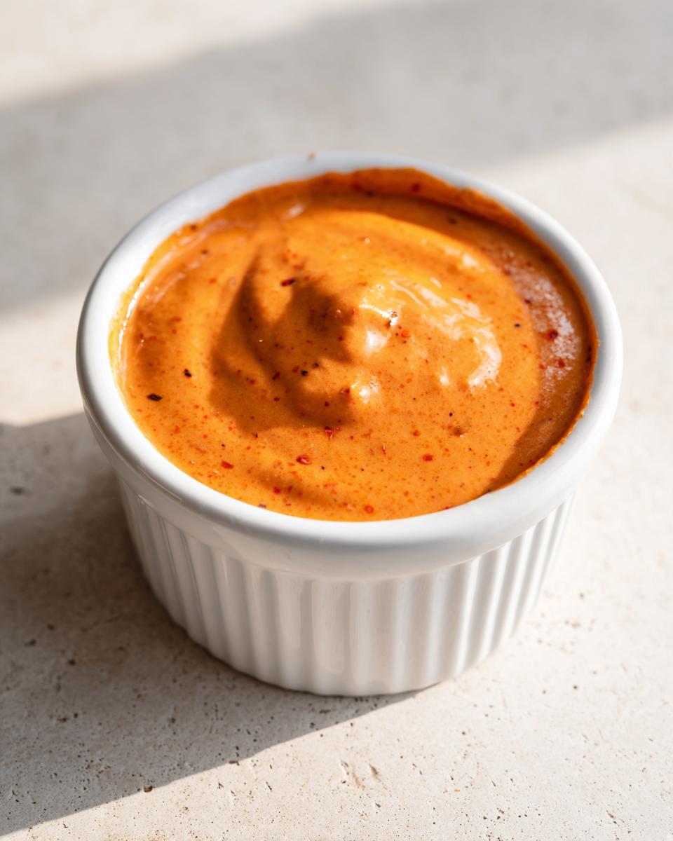 A close-up of a vibrant orange, creamy burger sauce speckled with red pepper flakes, served in a white fluted ramekin.