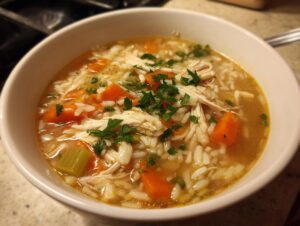 Close-up of a white bowl filled with amazing 50-minute turkey soup, featuring shredded turkey, rice, carrots, and parsley garnish.