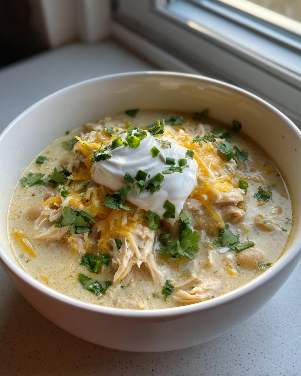 A creamy bowl of white chicken chili topped with shredded cheese, sour cream, and fresh cilantro.