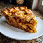 Close-up of a flaky slice from an amazing apple pie recipe showing rich, caramelized apple filling.