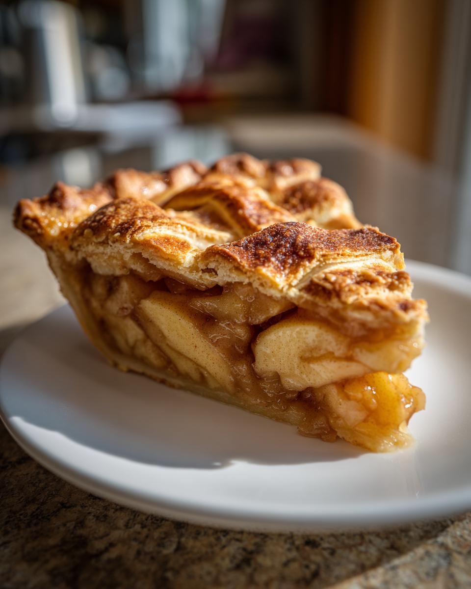 A close-up of a perfect slice of apple pie recipe with a flaky lattice crust, served on a white plate.
