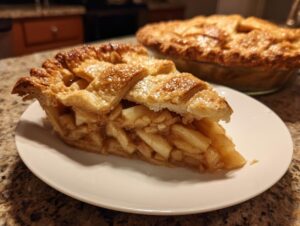 A thick slice of amazing apple pie recipe with a golden lattice crust, served on a white plate.