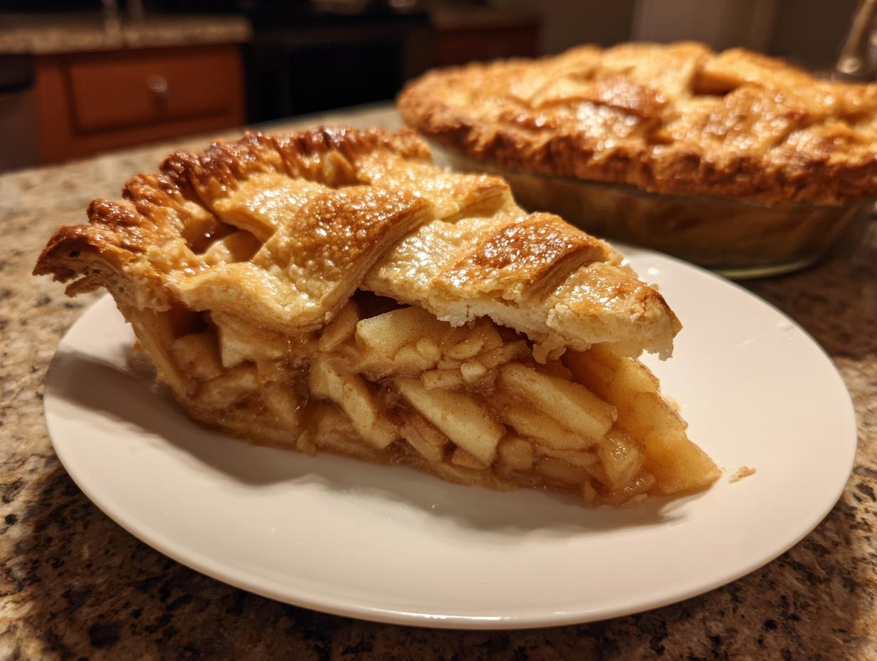 A thick slice of amazing apple pie recipe with a golden lattice crust, served on a white plate.