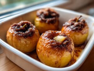 Four glistening, caramelized baked apple desserts topped with brown sugar filling and butter in a white baking dish.