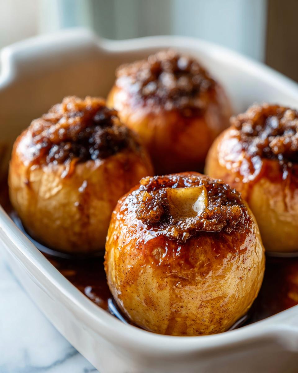 Close-up of four glistening baked apple desserts topped with brown sugar filling in a white dish.