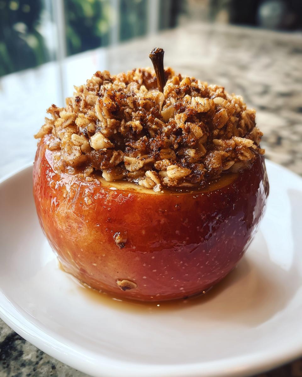 A single, glossy baked apple topped generously with a brown sugar and oat crumble, served on a white plate.