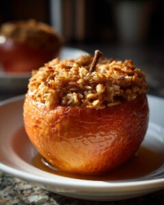 A close-up of a glistening, perfectly baked apples dessert topped with a crunchy oat crumble filling.