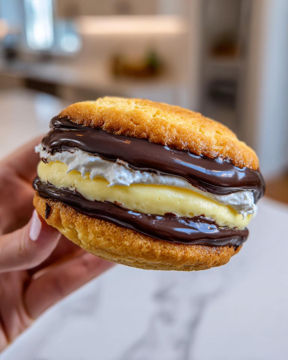 A hand holding one amazing boston cream pie cookies layered with vanilla cream and chocolate ganache.