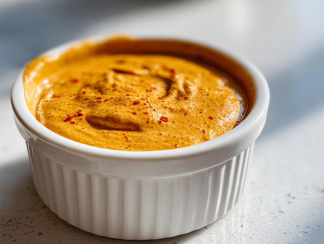 Close-up of a creamy, orange-hued burger sauce sprinkled with red spices in a white fluted ramekin.