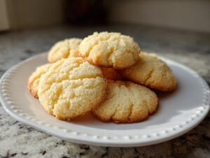 A stack of freshly baked, slightly textured butter cookie treats piled on a white beaded plate.