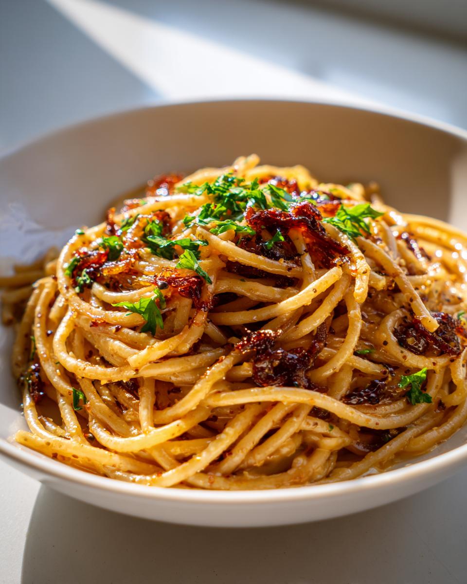 A close-up shot of spaghetti tossed in a creamy sauce with dark caramelized onion pasta topping and fresh parsley.