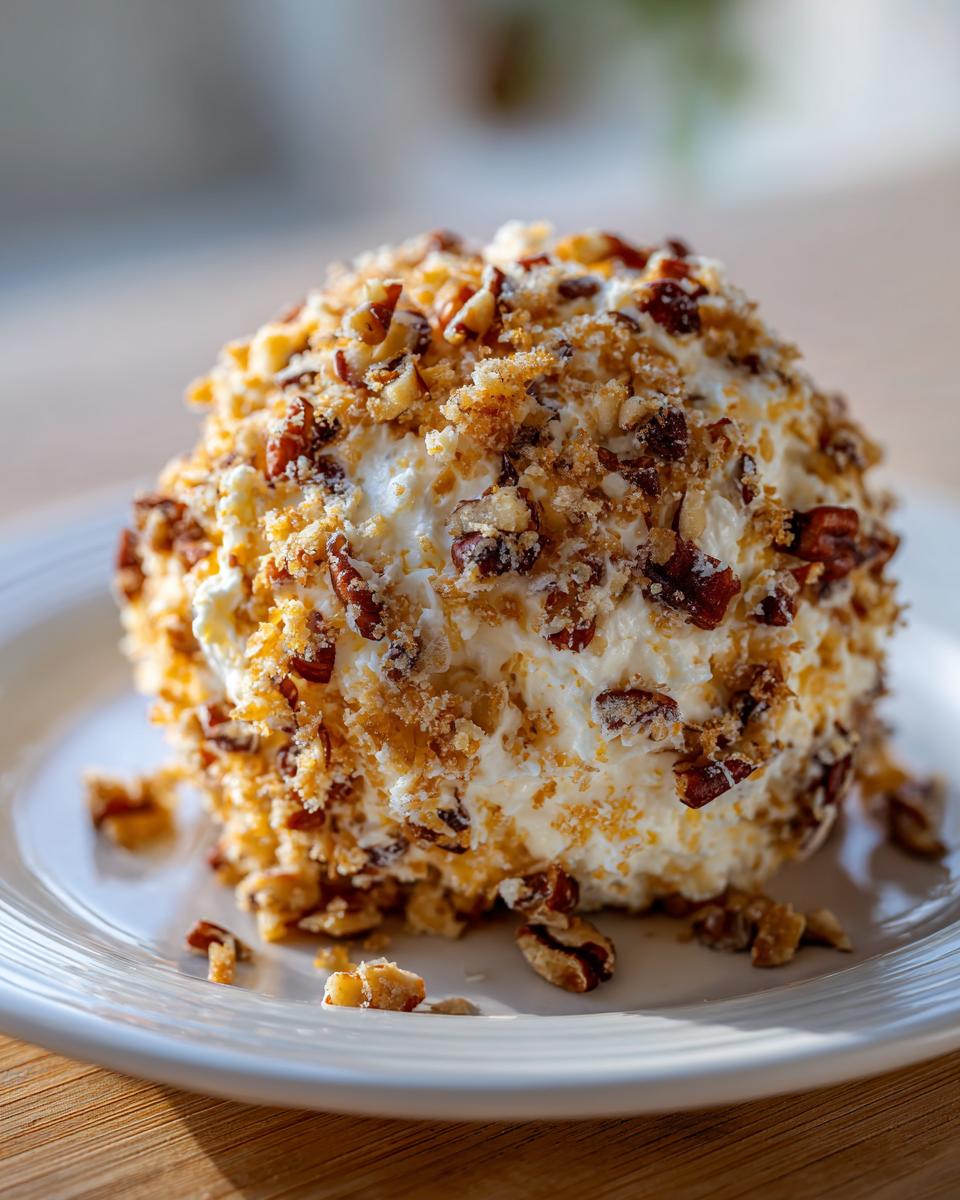 A creamy, round cheese ball recipe coated entirely in chopped pecans and crumbs, sitting on a white plate.