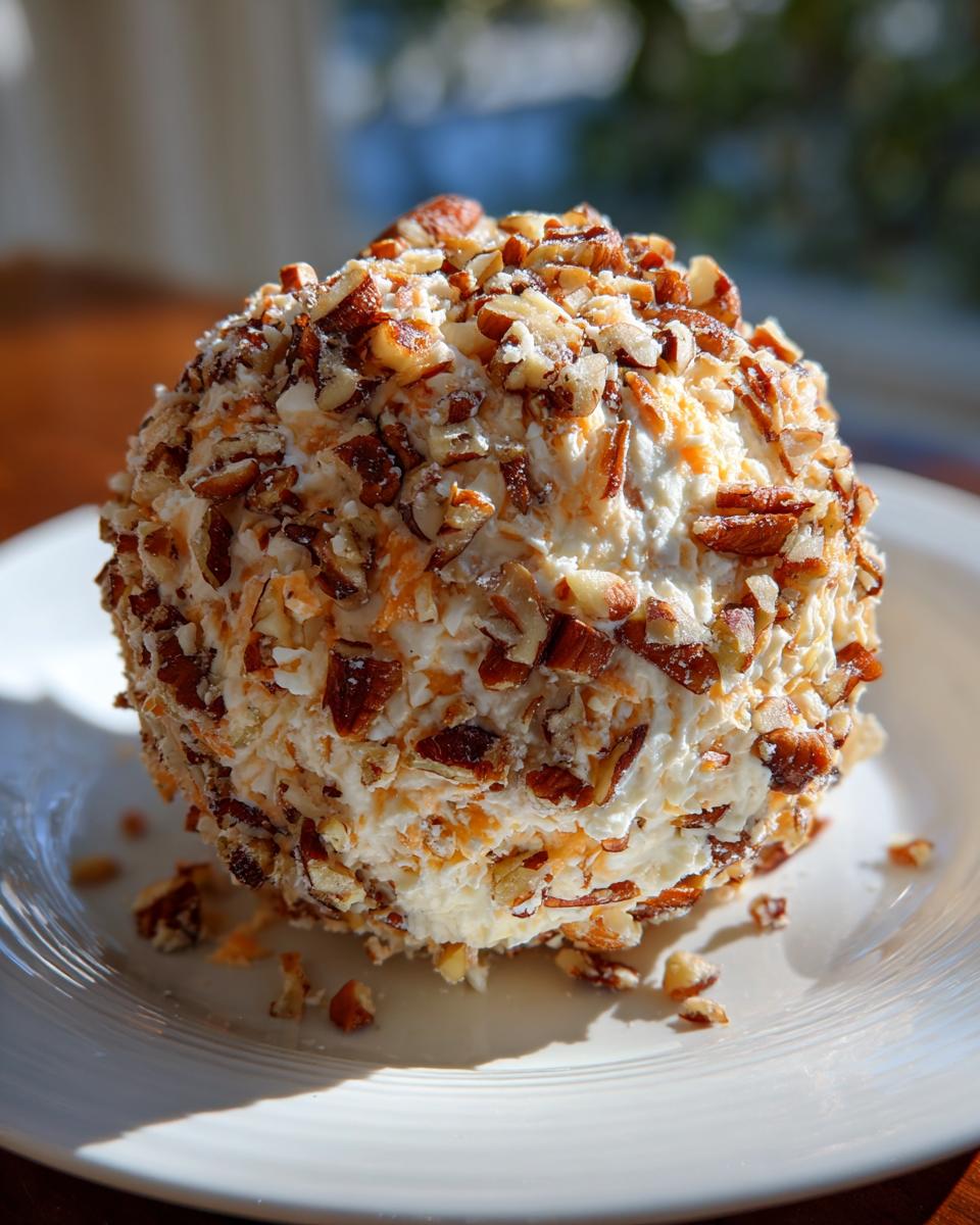 A perfectly shaped cheese ball recipe coated entirely in chopped pecans and shredded cheese, sitting on a white plate.