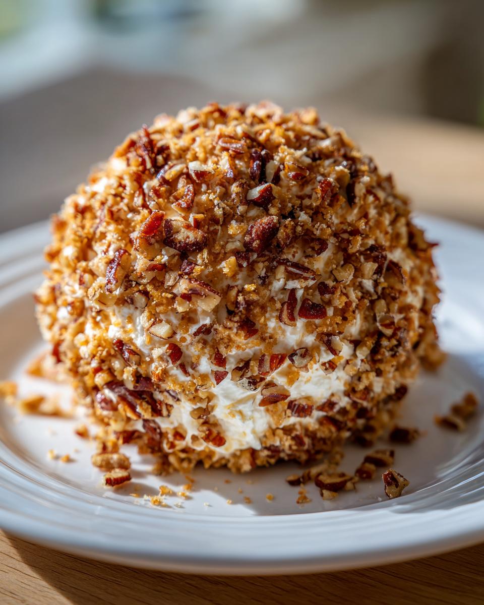 A creamy cheese ball recipe coated entirely in chopped pecans, sitting on a white plate.
