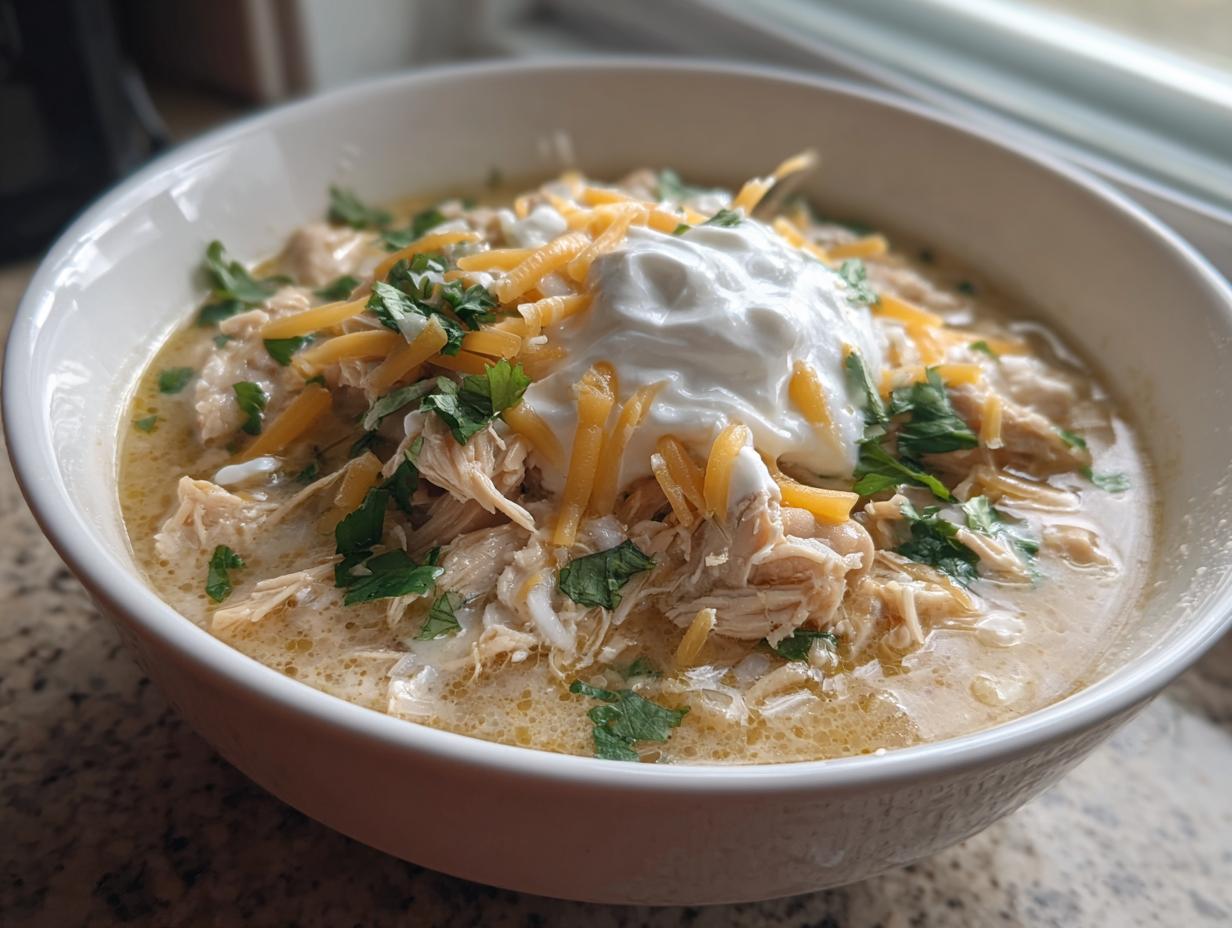 A close-up of a bowl of creamy white chicken chili topped with shredded cheese, sour cream, and cilantro.