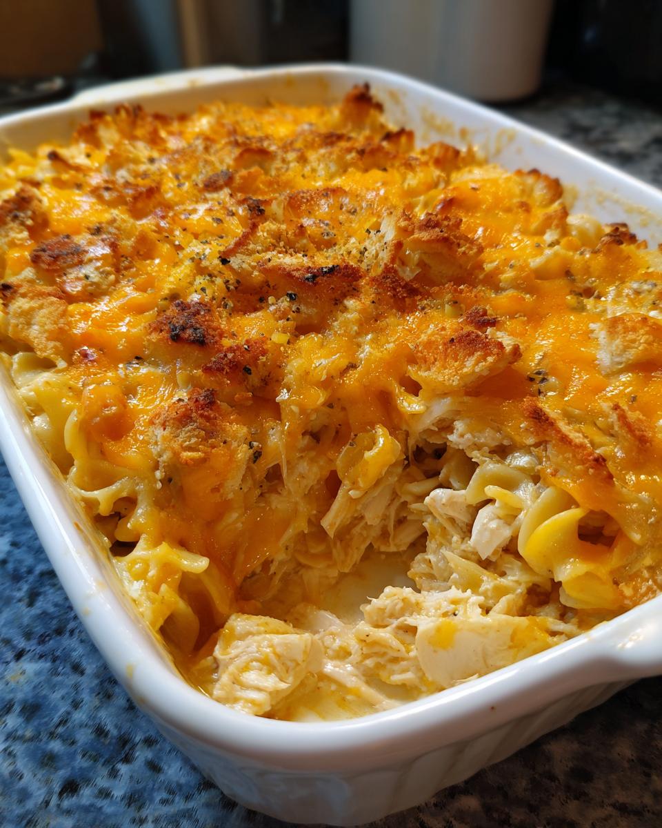 Close-up of a baked chicken noodle casserole in a white dish, featuring melted cheddar cheese and a crunchy topping.