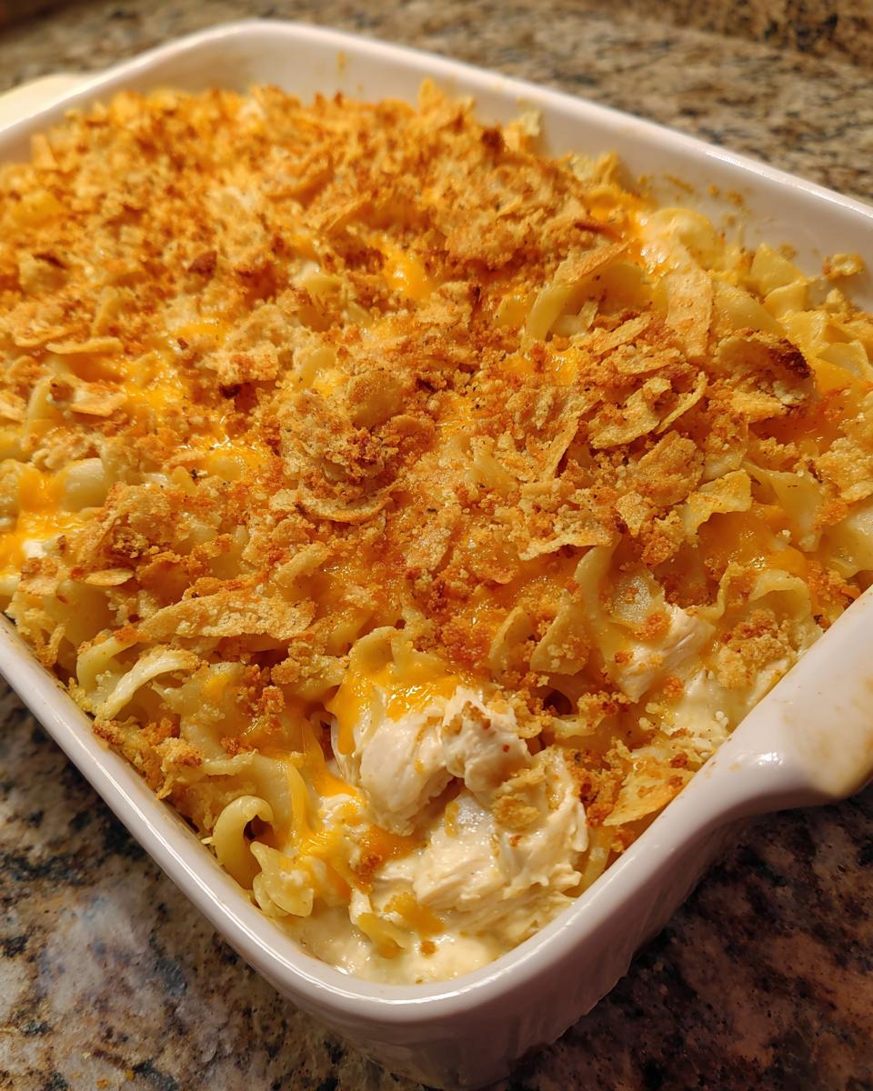Close-up of a creamy chicken noodle casserole topped with melted cheddar cheese and a crunchy golden topping.
