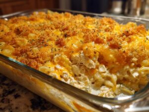 A close-up of a freshly baked chicken noodle casserole in a glass dish, showing creamy filling, melted cheddar, and a crunchy breadcrumb topping.